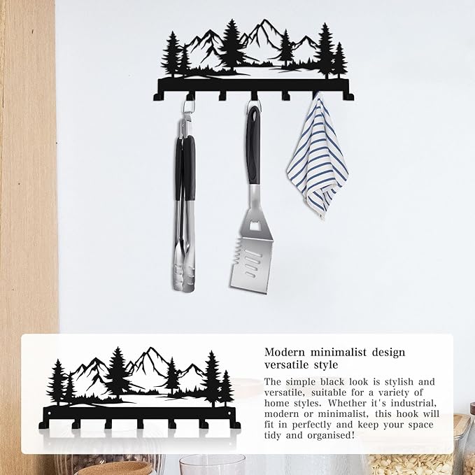 Key Holder Wall Mounted Key Hooks, Black Metal Key Rack Hooks, The Great Grove, Mountain Theme Wall Decoration Hooks, with 7 Hooks, Applicable to Front Doors, Lobby,Corridor, Offices (12 ")