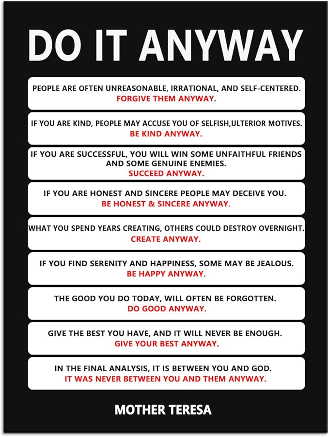 Do It Anyway Motivational Wall Art Inspirational Poster Mother Teresa Quote Canvas Prints Artwork for Office Living Room Modern Home Decor Painting Pictures Stretched and Framed [18''Wx 24''H]