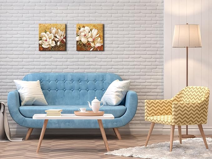 Pyradecor Magnolia Flowers Modern 2 Piece Stretched Floral Canvas Prints Oil Paintings Artwork Style Brown Pictures on Canvas Wall art for Living Room Bedroom Home Decorations