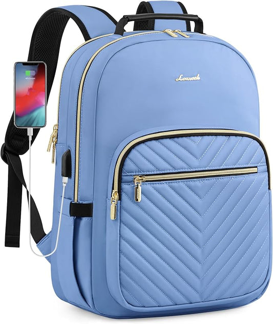 LOVEVOOK Laptop Backpack Purse for Women, Work Business Travel Computer Bags, College Nurse Backpack for Womens, Quilted Casual Daypack with USB Port, Fit 15.6 Inch Laptop, Blue