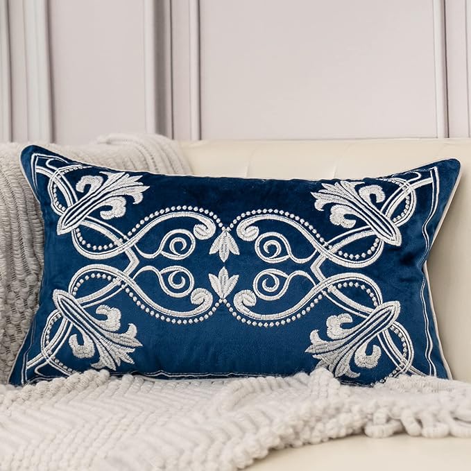 Aeckself European Floral Pillow Cover 12x20 Inch, Luxury Velvet Embroidered Decorative Lumbar Throw Pillow Cover for Couch Bedroom Living Room, Navy Blue and White