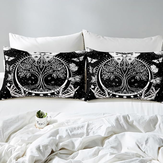 Tree and Moth Duvet Cover Set King Size, Moth Butterfly Comforter Cover with 2 Pillowcases,3 Piece,Stars Sun Moon Gothic Skull Skeleton Constellation Bedding Set for Adult Young Bedroom Xmas Gift