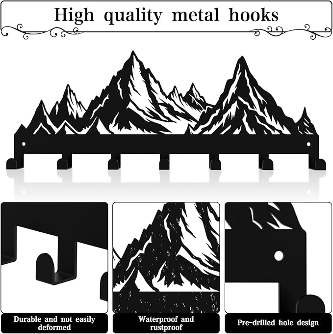 Key Holder Wall Mounted Key Hooks, Black Metal Key Rack Hooks, Mountain Theme Wall Decoration Hooks, with 7 Hooks, Applicable to Front Doors, Lobby,Corridor, Offices (12 ")