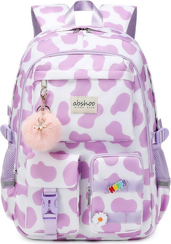 abshoo Big Student Laptop Backpack For College Women Middle High School Teen Girls Bookbag Travel Daypack (Cow Print Purple)