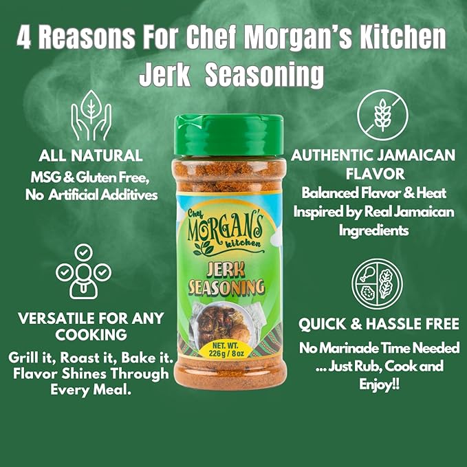 Chef Morgan’s Kitchen Jerk Seasoning (2 Pack) – MSG & Gluten Free, 8oz. Authentic Jamaican Spice Blend for Jerk Chicken, Dry Rub for Grilling, Baking & Roasting – All Natural