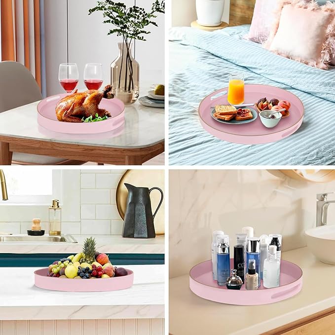 Pink Decorative Tray,Elegant Round Plastic Serving Tray with Handles,Round Ottoman Trays Coffee Table Trays for Living Room,Home Decor 13"
