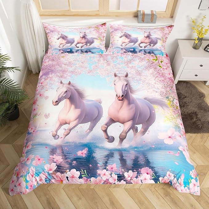 Watercolor Horse Duvet Cover King Size 3 Pcs Pink Cherry Blossom Wild Animals Bedding Set for Kids Girls Teens Dreamy Natural Flowers Plabts Decor Comforter Cover with 2 Pillowcases(No Comforter)