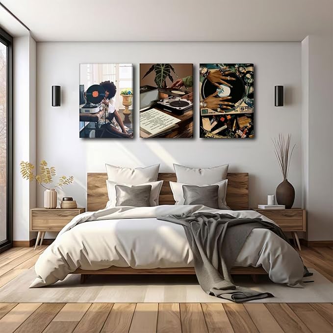 Framed Black Girl Canvas Wall Art 3Pcs black Girl Record Music Wall Decor Pictures Funky Black Girl Posters prints for Modern Black Woman Bedroom Home Decoration 12x16in