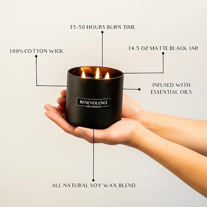 Benevolence LA 3 Wick Candle, Santal Large Scented Candle | Soy Candles | Gifts for Women and Men | Home Fragrance | Aromatherapy | Bathroom Freshener 14.5 Oz, 45 Hour Burn