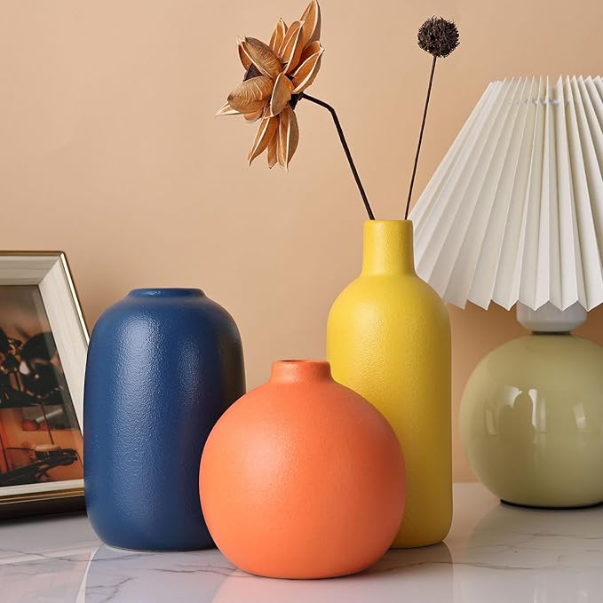 Ceramic Vase Set of 3, Small Flower Vases for Rustic Home Decor, Modern Farmhouse, Living Room, Shelf, Table, Bookshelf, Mantel and Entryway - Yellow, Orange, Blue (A)
