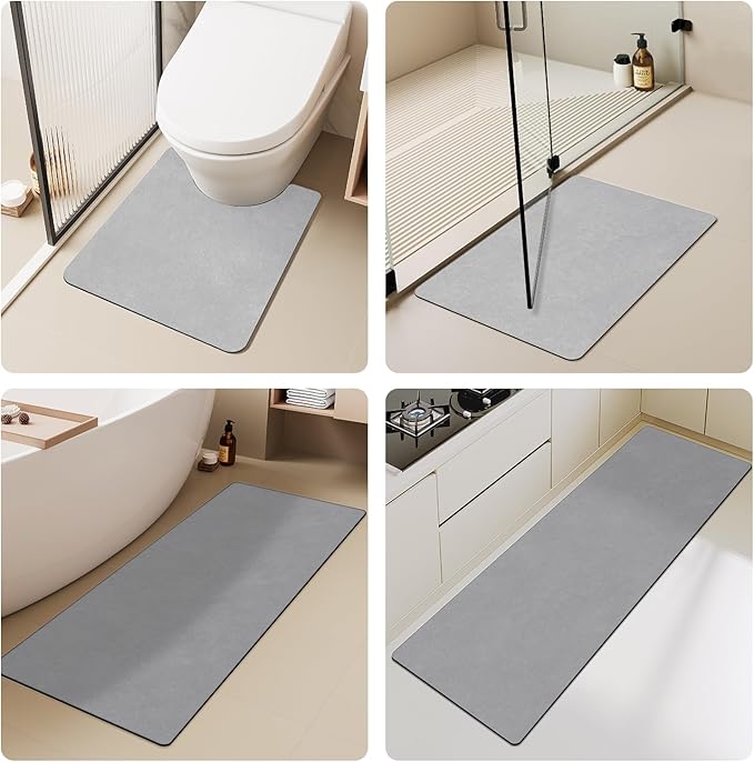 Bathroom Mat Quick Dry, Bathroom Rugs Non Slip Washable Thin Absorbent Bath Mat Fits Under Door Bathroom Floor Mat Perfect for Bath, Shower, or Sink 17"x59" Light Grey