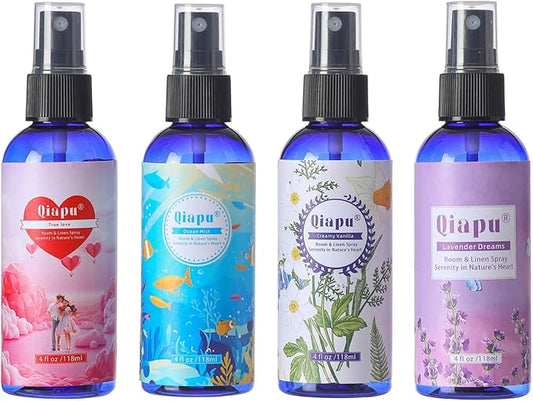 Natural Bedroom Linen Spray Scented Room Mist with Plant Extracts Long Lasting Freshness for Sheets, Pillows & Curtains – 4oz（4Bottle）