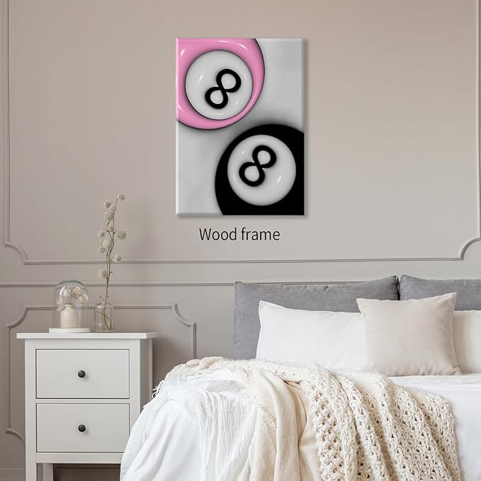 Trendy Pink and Black 8 Billiards Balls Poster Retro Pool Ball Couple Wall Art Y2K Aesthetic Canvas Prints 24x36 inch Framed Preppy Room Wall Decor for Billiard Hall College Dorm