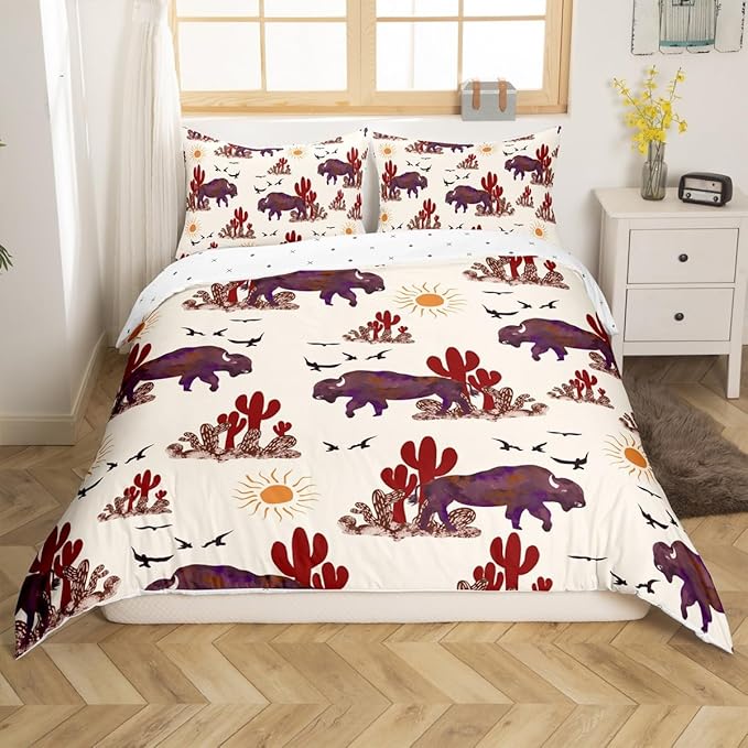 Feelyou Buffalo Ranch North American Bisons Duvet Cover Set King Size Western Bedding Sets Rustic Country Cabin Southwestern Animal Comforter Cover Set Kids Boys Brown Cream Farmhouse Quilt Cover