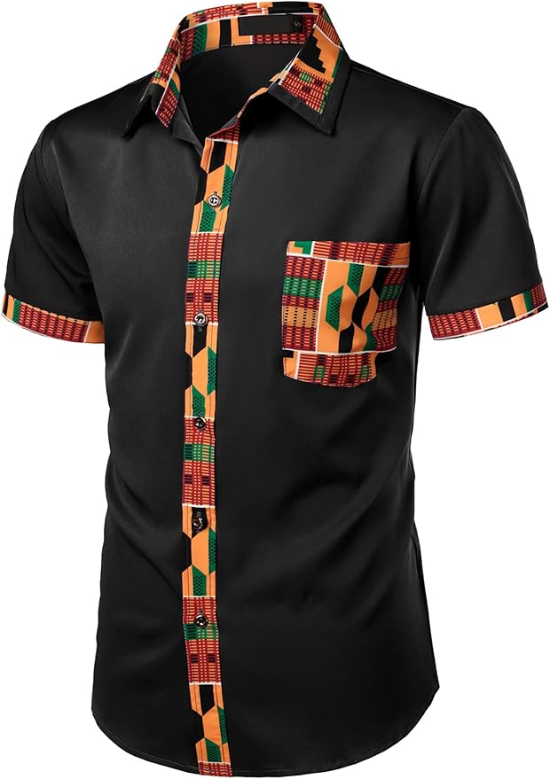 ZEROYAA Men's African Printed Patchwork Design Short Sleeve Button up Shirt