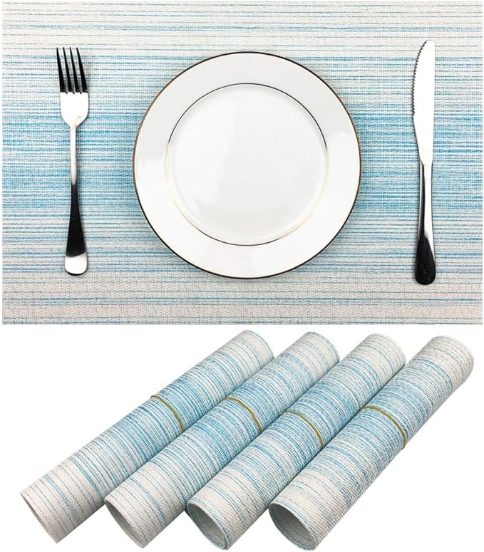 Placemat,Blending Color Durable Woven Vinyl Placemat Washable Heat-Resistant Anti-Skid Kitchen Dining Table Mats (Set of 4, Blue with White)