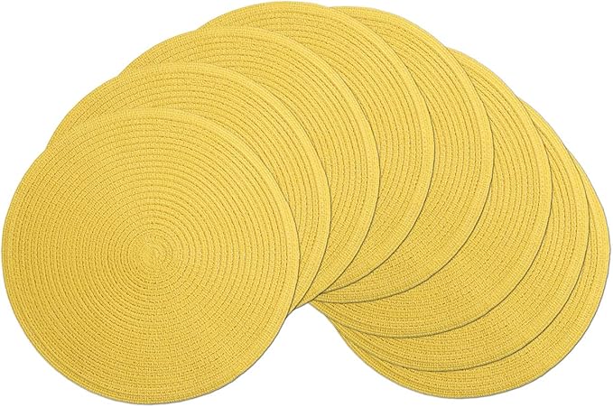 SHACOS Round Braided Placemats Set of 8 Washable Table Mats 15 inch Round Placemat Cotton Polyester Circle Placemat for Dining Table (Yellow, 8)