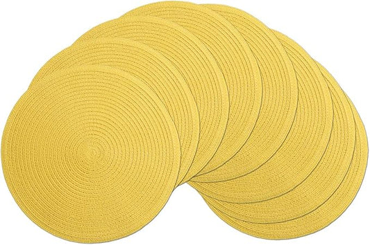 SHACOS Round Braided Placemats Set of 8 Washable Table Mats 15 inch Round Placemat Cotton Polyester Circle Placemat for Dining Table (Yellow, 8)