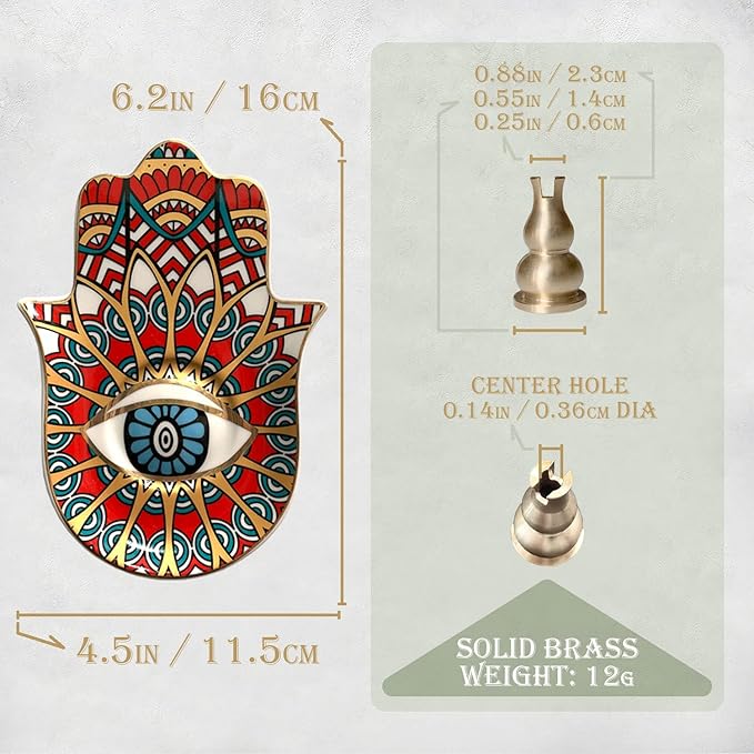 Ceramic Hamsa Hand Incense Holder - 2 in 1 Brass Incense Holder for Sticks and Coil Incense- Zen Decor with Hand of Fatima Design Protection from Evil - 6.2" L X 4.5" W (red)