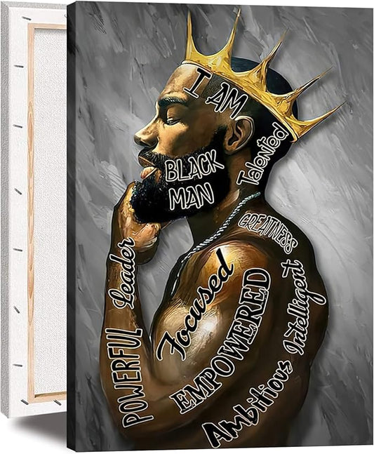 Framed Inspirational Black Man Wall Art African American Men Portrait Wall Art Motivational Quotes Afro King Poster Abstract Canvas Prints Painting Home Decor for Bedroom Living Room Ready to Hang