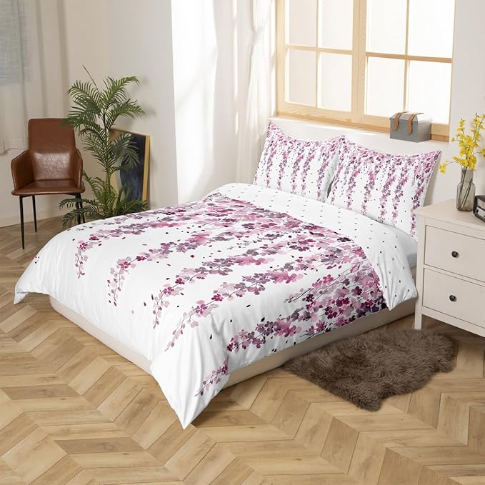 Cherry Blossoms Bedding Set Twin Size Child Girl's Bedroom Duvet Cover Flower Floral Theme Quilt/Comforter Cover with 1 Pillowcase Purple White