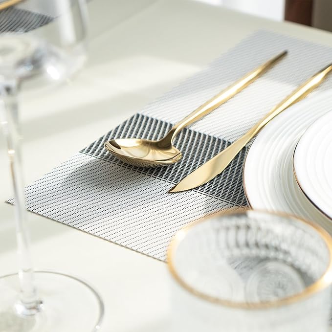 Placemats Set of 6 Vinyl/Plastic Woven Place Mats for Kitchen Table Indoor/Outdoor Washable Placemat Wipeable Dining Table Mats (Silver Cube,6)