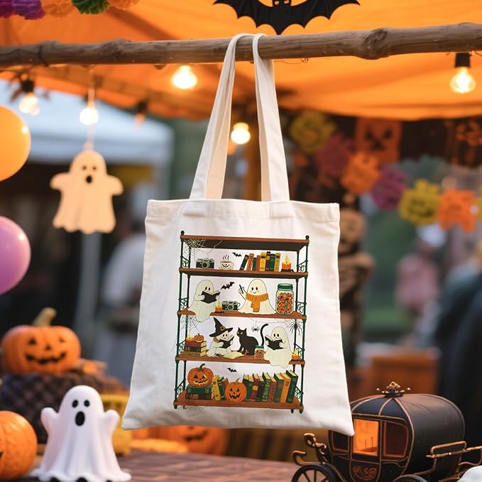 Halloween Canvas Tote Bag Vintage Ghost Canvas Bag Cute Funny Trick Or Treat Reusable Cotton Bag Shopping Tote Handbag For Women Holiday Grocery Beach Handbag With Shoulder