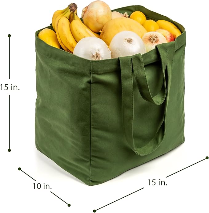 VeraMia Canvas Grocery Bag 3pc XL Set with Real Pockets, Long Shoulder Strap and Short Handle. Heavy Duty, Foldable, Washable