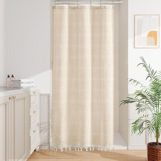 Small Stall Boho Farmhouse Shower Curtain with Tassel, Modern Bohemian French Country Chic Bathroom Shower Curtain Set with PEVA Liner, Linen Fabric Shower Curtain 36x72 - Beige/Cream