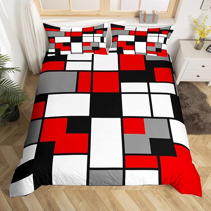 Geometric Grid Bedding Set,Gray Black Red White Square Duvet Cover for Kids Teen Boys Girls,Retro Style Comforter Cover Decorative Room,Modern Abstract Quilt Cover with 2 Pillowcases,Full Size