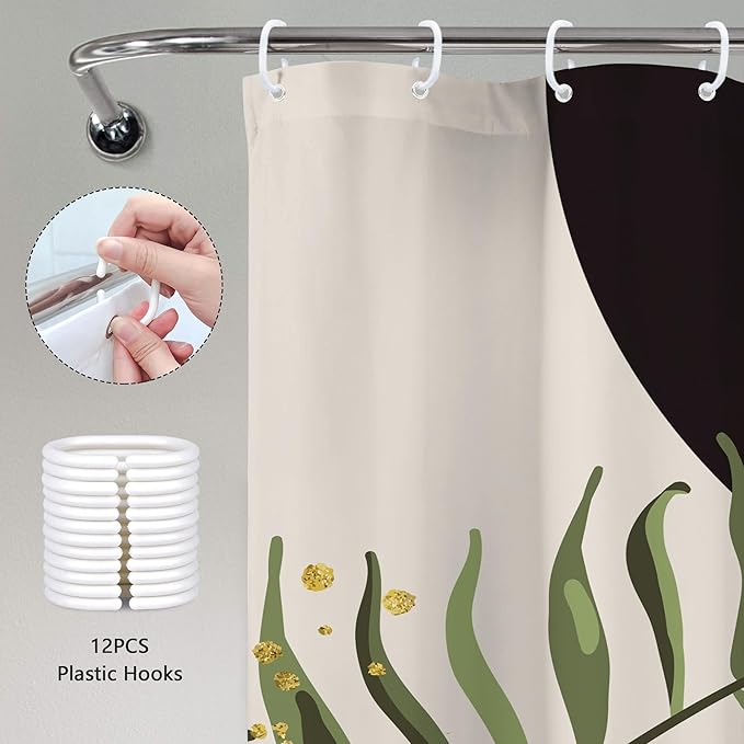 Dark Green Boho Shower Curtain 72Wx84H Extra Long Black Green Modern Bohemian Abstract Plant Leaves Bathroom Decor Minimalist Geometric Neutral Bath Curtain Fabric Polyester 12 Pack Hooks