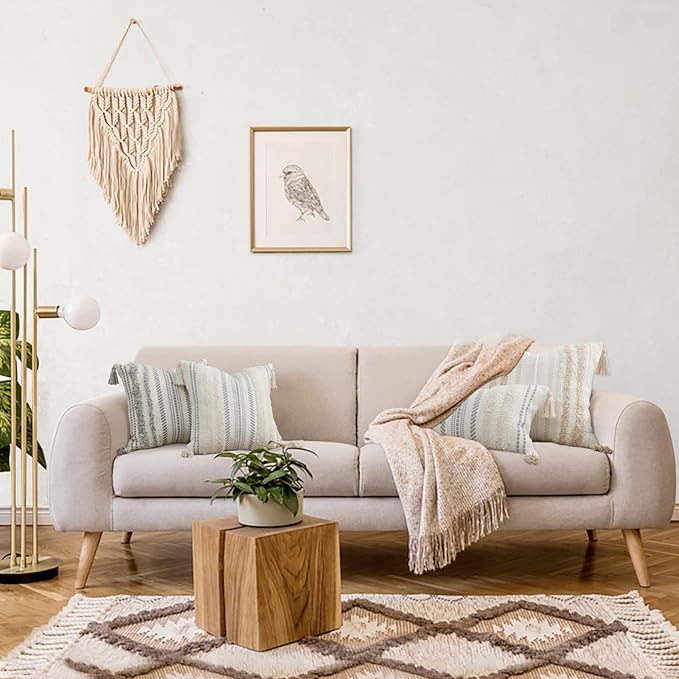 decorUhome Decorative Boho Throw Pillow Cover 18x18, Accent Neutral Textured Tufted Pillow Cover Striped for Couch Bed Sofa, Khaki and Cream White, Pack of 1