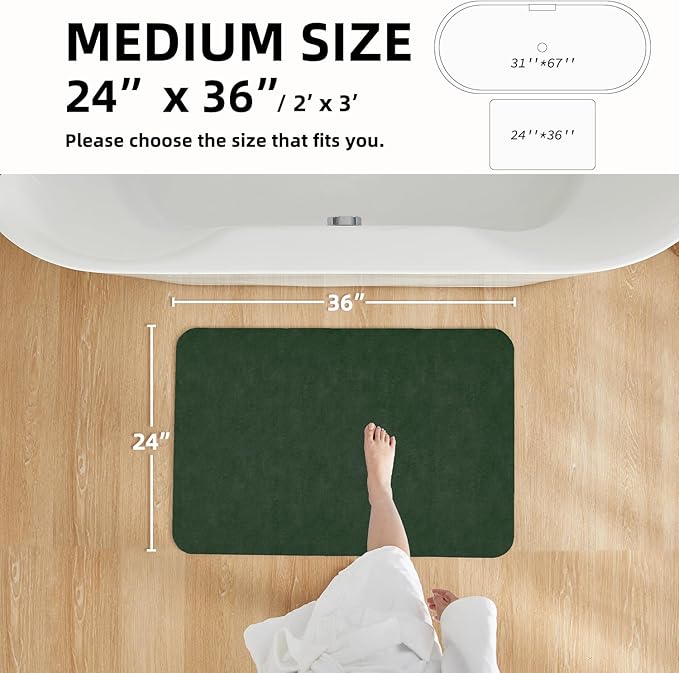 Bathroom Mat Quick Dry, Bathroom Rugs Non Slip Washable Thin Absorbent Bath Mat Fits Under Door Bathroom Floor Mat Perfect for Bath, Shower, or Sink 24"x36" Dark Green