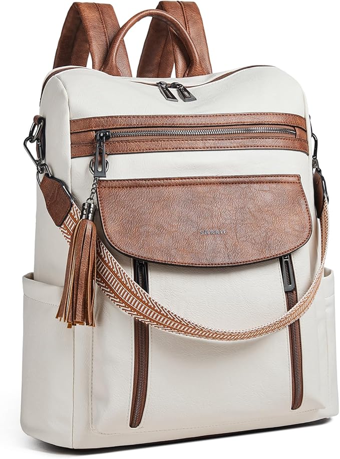 Shrrie Laptop Backpack for Women 15.6 inch,Travel Leather Backpack Purse Nurse Teacher Carry on Backpack Computer Bag,Professional Water-Resistant College Business Work Casual Daypack,Beige with Brown