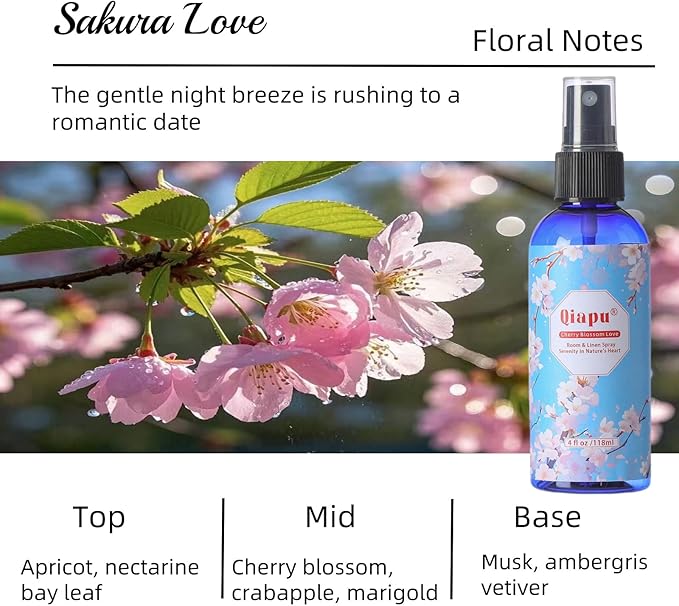 Natural Bedroom Linen Spray Scented Room Mist with Plant Extracts Long Lasting Freshness for Sheets, Pillows & Curtains – 4oz 4Bottle（Cherry Blossom + Citrus + White Peach + Gardenia）