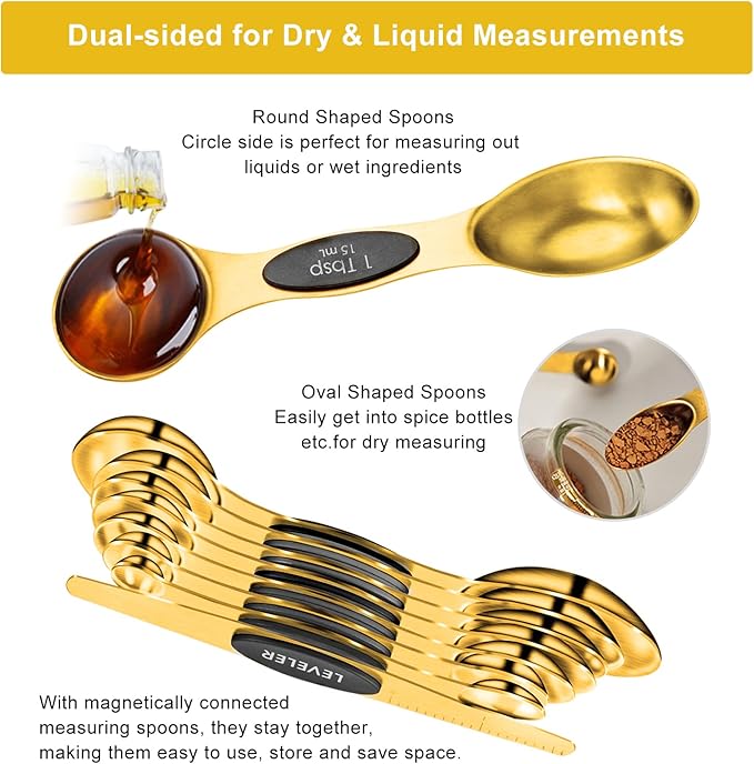 Gold Measuring Cups and Spoons Set of 15, 18/8 Stainless Steel, Includes 7 Nesting Metal Measuring Cups,8 Magnetic Measuring Spoons set - Ideal Kitchen Gadgets for Cooking and Baking Needs