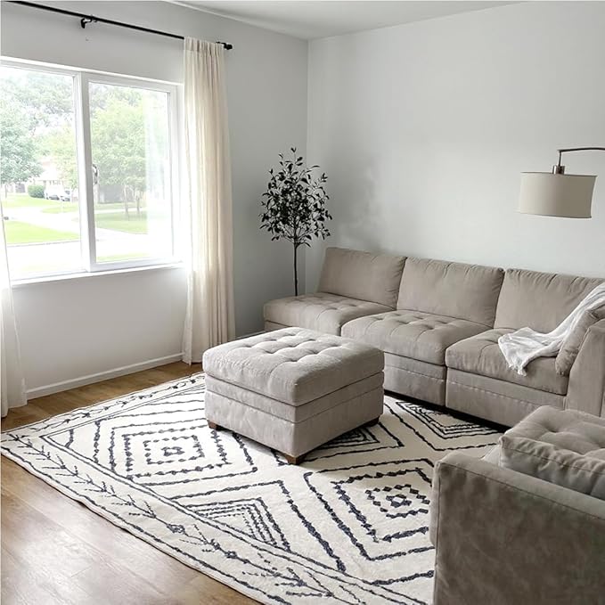 Area Rug 6x9 Rug Machine Washable Non-Slip Low Pile Print Pattern Western Rug for Living Room Bedroom Entryway Tribal Series -Navywhite/Black