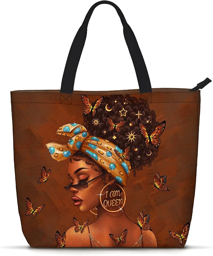 African American Women Tote Bag Black Shoulder Handbag For Women Fit Work Beach Labtops With Zip