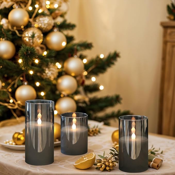 GenSwin Rechargeable Candles with Remote Timer, 3 Pack Glass Flameless Candles with Charging Base, Black LED Candles Flickering Battery Operated for Halloween Home Decorations(Set of 3, D3” x H4”5”6”)