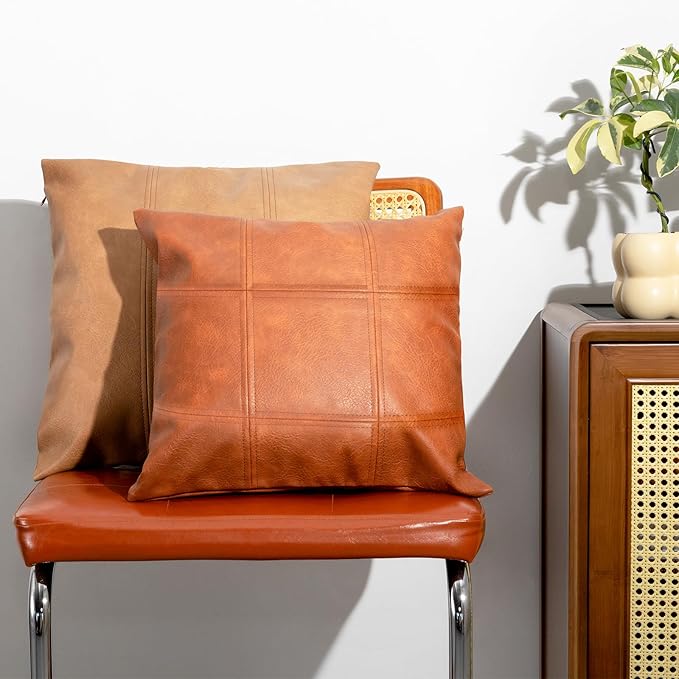 Faux Leather Throw Pillow Cover 18X18 Inch Set of 2 Brown Outdoor Modern Farmhouse Solid Decorative Pillow Covers for Room Couch Living Bedroom Bed Sofa