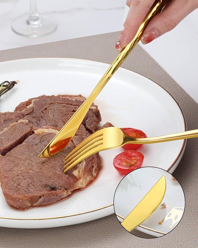 Hammered Gold Silverware Set,30 Piece Stainless Steel Flatware Set for 6,Modern Cutlery Set,Includes Spoon Fork Knives Set,Home Kitchen and Restaurant,Dishwasher Safe