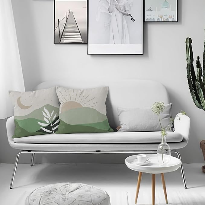 HIWX Boho Pillow Covers, Sun Moon Mountains Decorative Pillowcase Throw Pillows, Set of 2 (Green, 18x18)