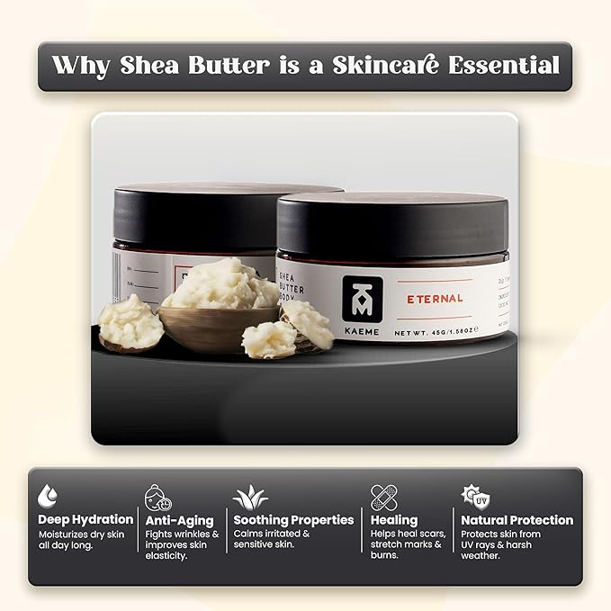 Kaeme Eternal African Whipped Shea Butter Made with Raw Organic Unrefined butter, Moisturizer for Skin, With Coconut Oil, Deep Hydration for Skin, DIY, From Ghana, For Women and Men (3.4oz/100g jar)