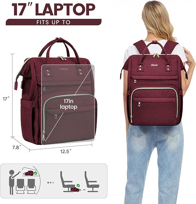 LOVEVOOK Laptop Backpack for Women,17 Inch Professional Womens Travel Backpack Purse Computer Laptop Bag Nurse Teacher Backpack,Waterproof College Work Bags Carry on Back Pack with USB Port,Wine Red
