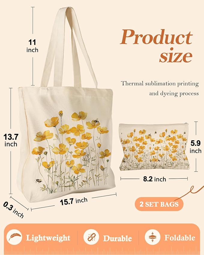 Aesthetic 2 Pack Canvas Tote Bag - with Makeup Zipper Pouch for Women Bag for Shopping, Gym, Travel, Vacation