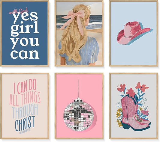 6 Pcs Christian Girly Wall Art Coastal Cowgirl Poster Vintage Beachy Canvas Prints Clean Girl Aesthetic Painting Granddaughter Room Decor Preppy Trendy Picture for Dorm 12X16Inch