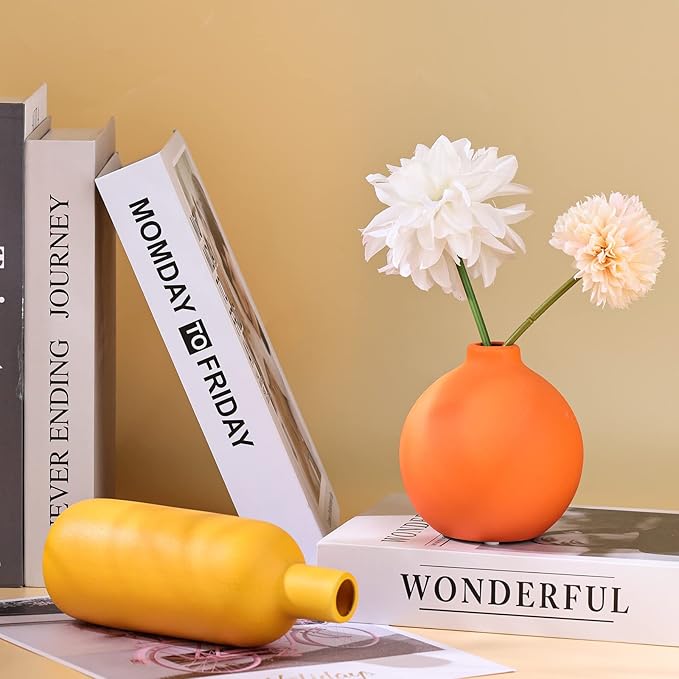 Cute Vase Matte Ceramic vases set of 3 Orange, Modern Boho Vases for Decor small vase,Centerpiece Table Decor japandi home decor Minimalist vase for Décor Room,Entryway, Bookshelf, Mantel, Shelf Décor