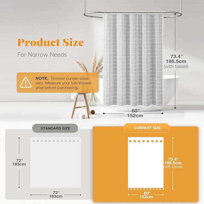 BTTN Gray Stall Shower Curtain - 60 x 72 Inch Narrow Boho Farmhouse Linen Vintage Fabric Shower Curtain Set with 10 Hooks, Bohemian Country Decorative Heavy Duty Shower Curtains for Bathroom - Grey