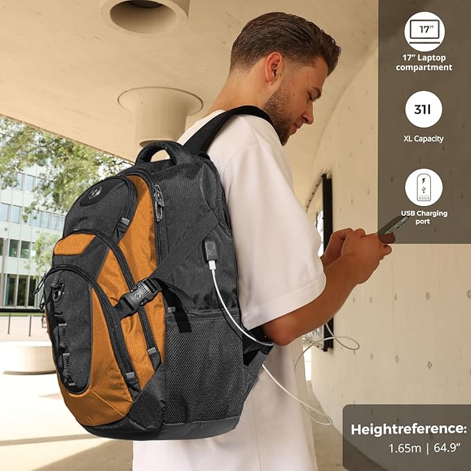 Swissdigital Design Laptop Backpack with USB Charging Port, Travel Backpack Fits 15.6 inches Computer, 31L College School Backpack for Men, Orange/Black | SD803