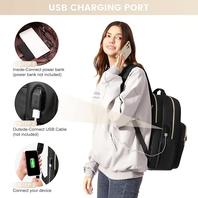 LOVEVOOK Laptop Backpack for Women, Faux PU Leather Quilted Backpack Purse, Business Computer Travel Work Bags, Nurse Backpack for Work, Fits 17-Inch Laptop, Black